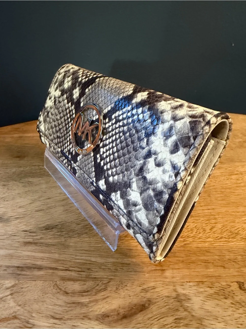 Michael Kors Snake-Print Leather Clutch Wallet - Brown/White